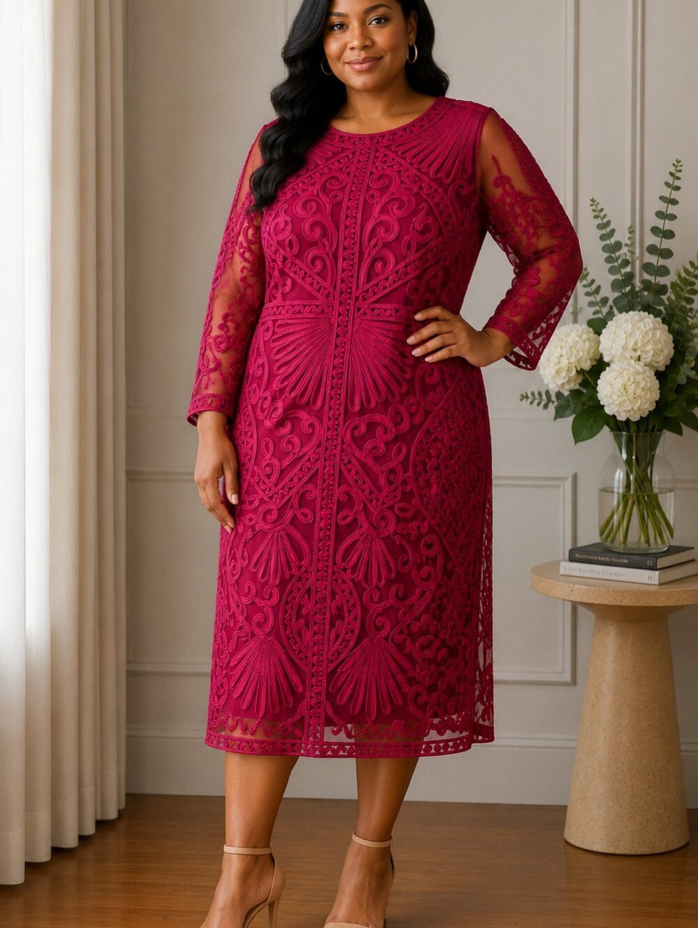 JS Collections Fuchsia Embroidered Midi Dress with Sheer Sleeves